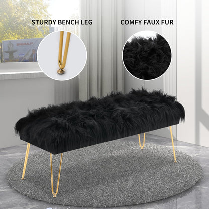 42.5 Inch Black Bedroom Bench, Benches for Bedroom White Faux Fur Upholstered Bed end Bench