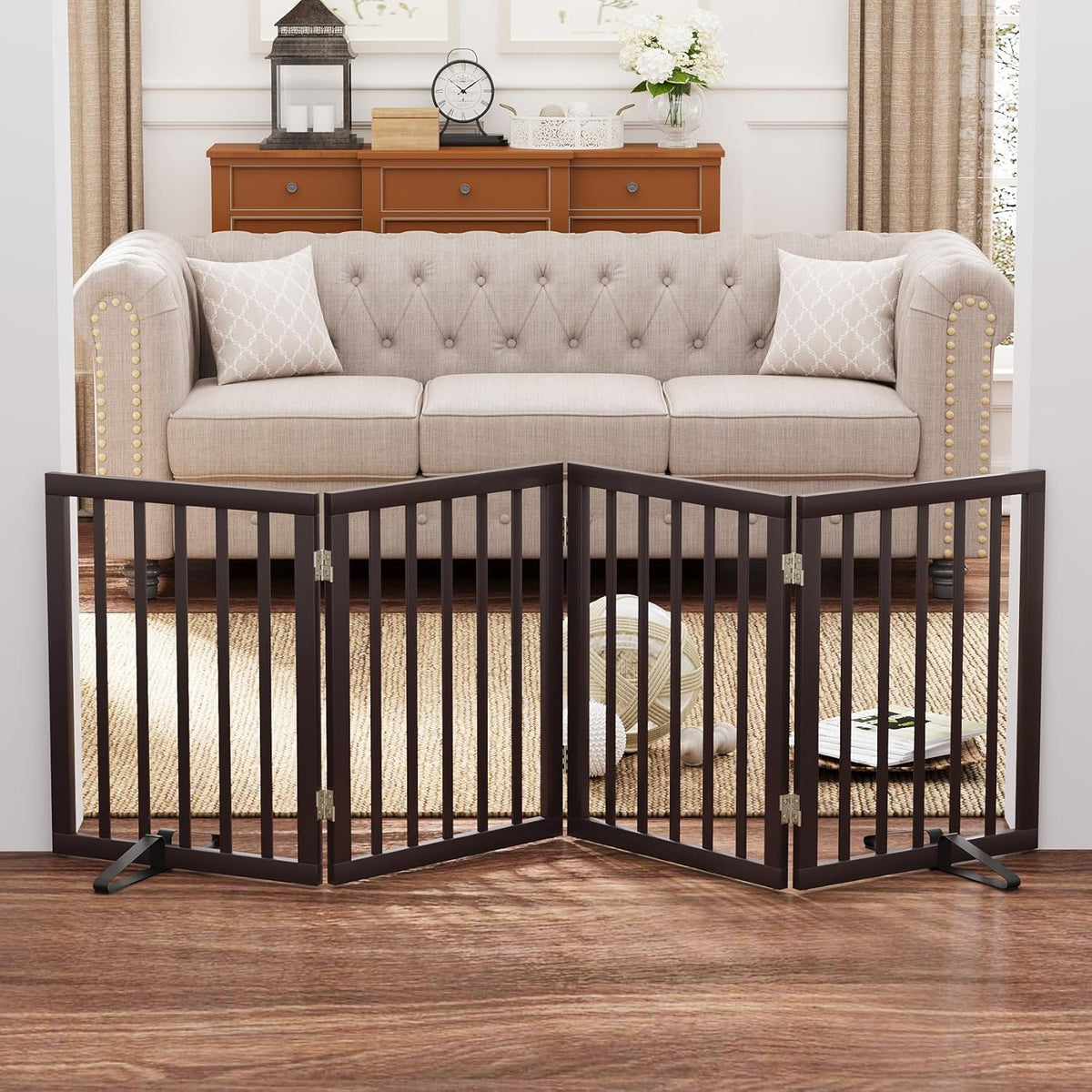 Freestanding Dog Gate Folding Brown Dog Gates for The House Doorways Stairs Pet Gates for Dogs