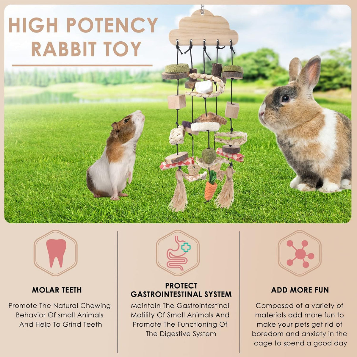 Bissap Rabbit Chew Toy, Bunny Cage Hanging Chew Toys and Treats Wooden with Snacks for Guinea Pigs
