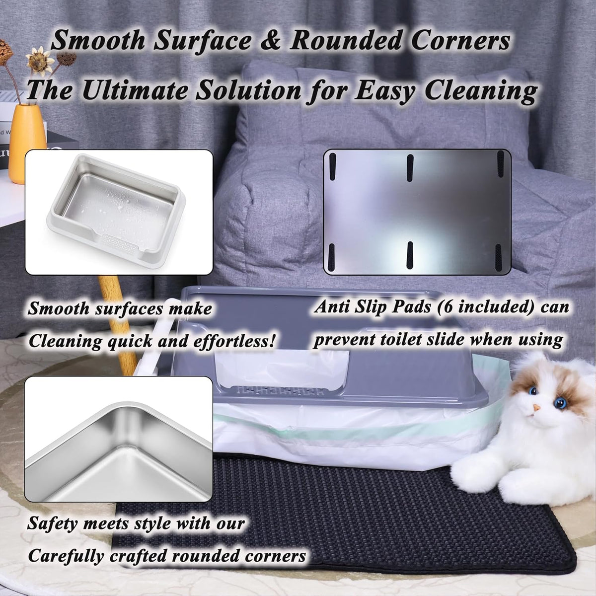 Suhaco Stainless Steel Litter Box Side Entry, Kitty Litter Mat and White Scoop Included Covered
