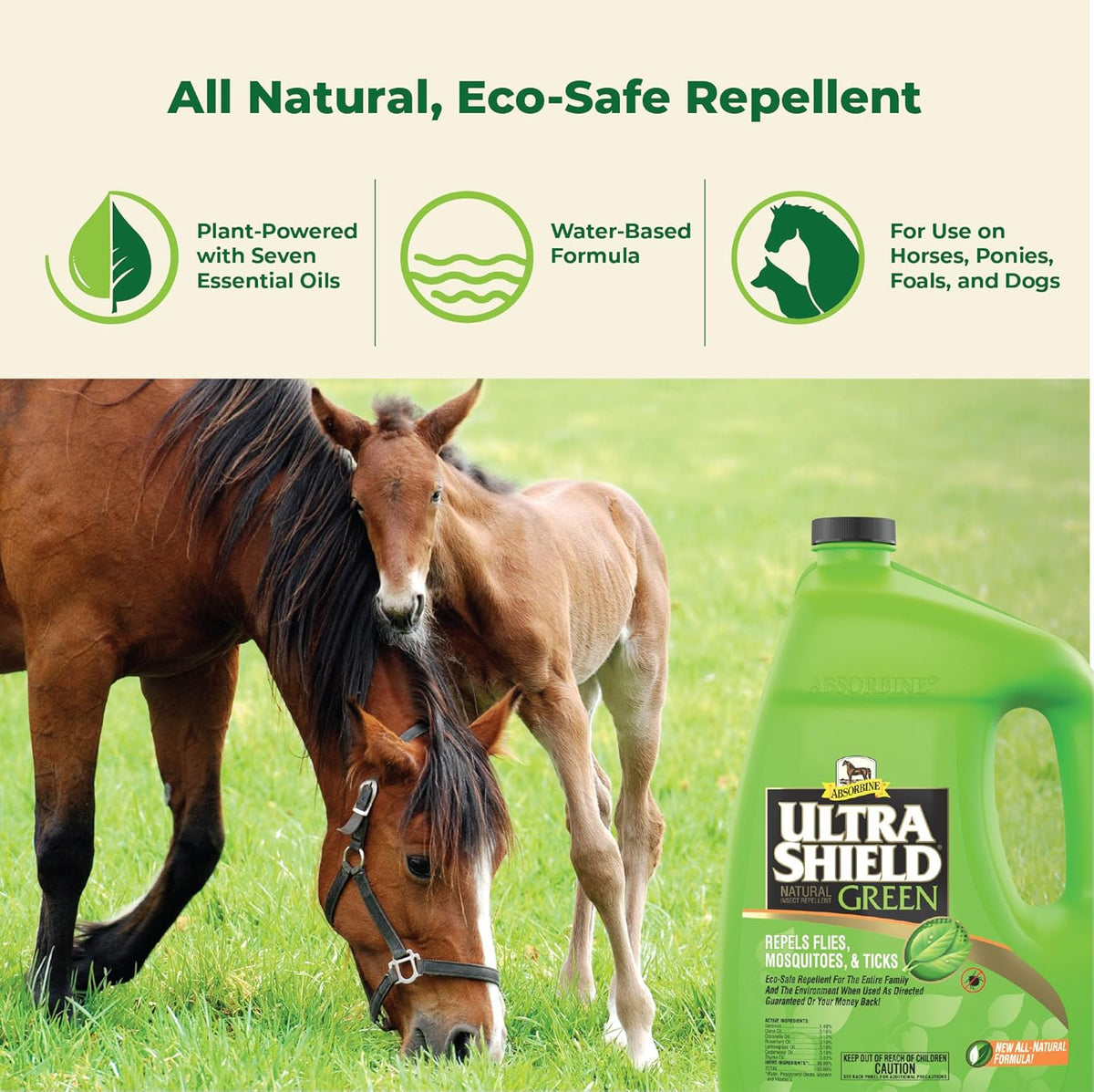 Absorbine UltraShield Green All-Natural Fly & Insect Repellent for Horses & Dogs, Essential Oils
