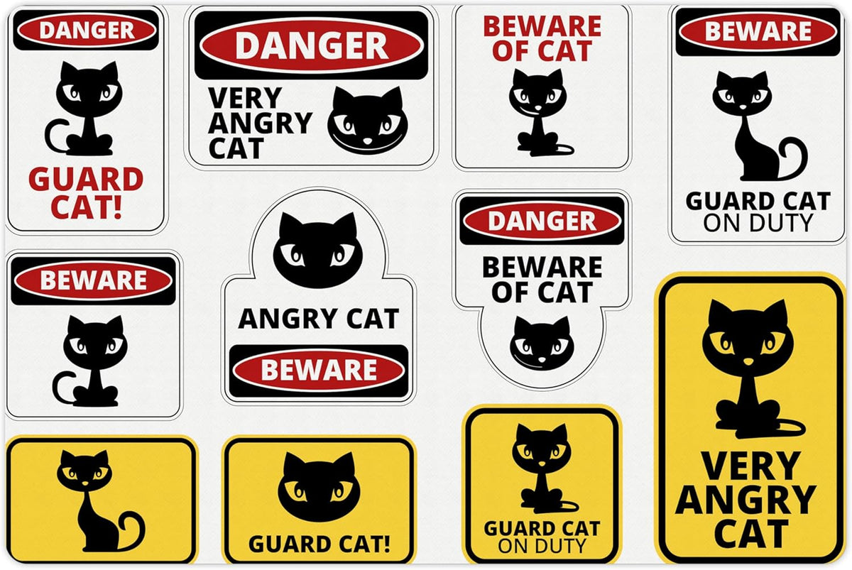 Lunarable Funny Pet Mat for Food and Water, Beware Guard Cat Signs Humorous Comic and Plates