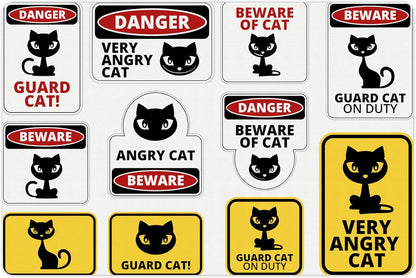 Lunarable Funny Pet Mat for Food and Water, Beware Guard Cat Signs Humorous Comic and Plates