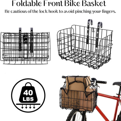 Aodaer Bike Basket with Removable Liner Bag Cargo Net Large Folding Bike Basket Quick Release Metal
