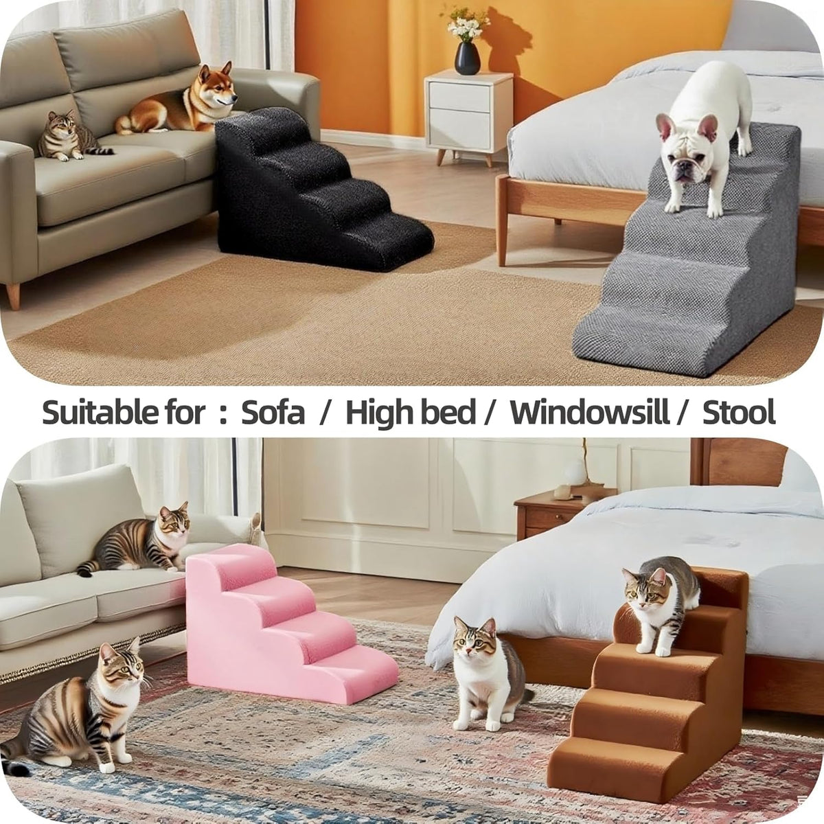 5 Step Pet Stairs Ramp for High Beds Sofas 5-30 Inch with Sturdy Non Slip Waterproof Pads, Machine