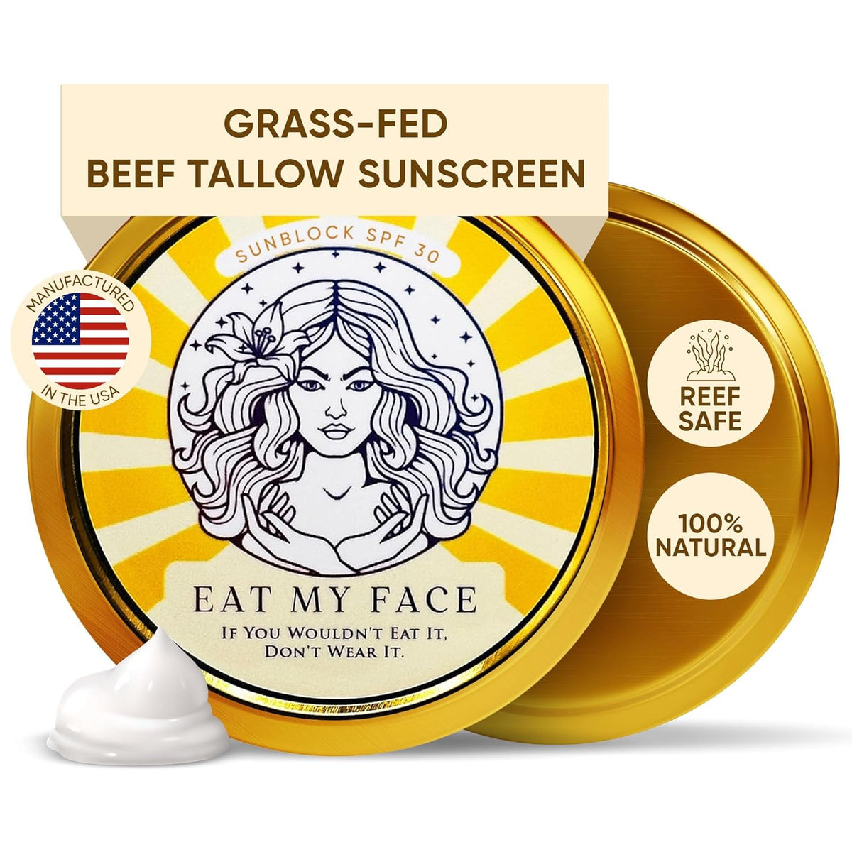 Beef Tallow Sunscreen Organic with Non Nano Zinc Oxide Formula for Daily Protection, 4oz Reef Safe