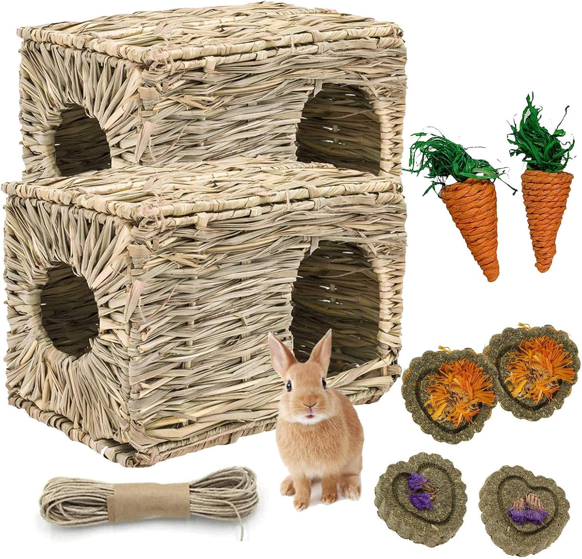 kathson 2 Pcs Rabbit Grass House Natural Foldable Hand Woven Seagrass Bed Carrot Hay Toy Hut Safe
