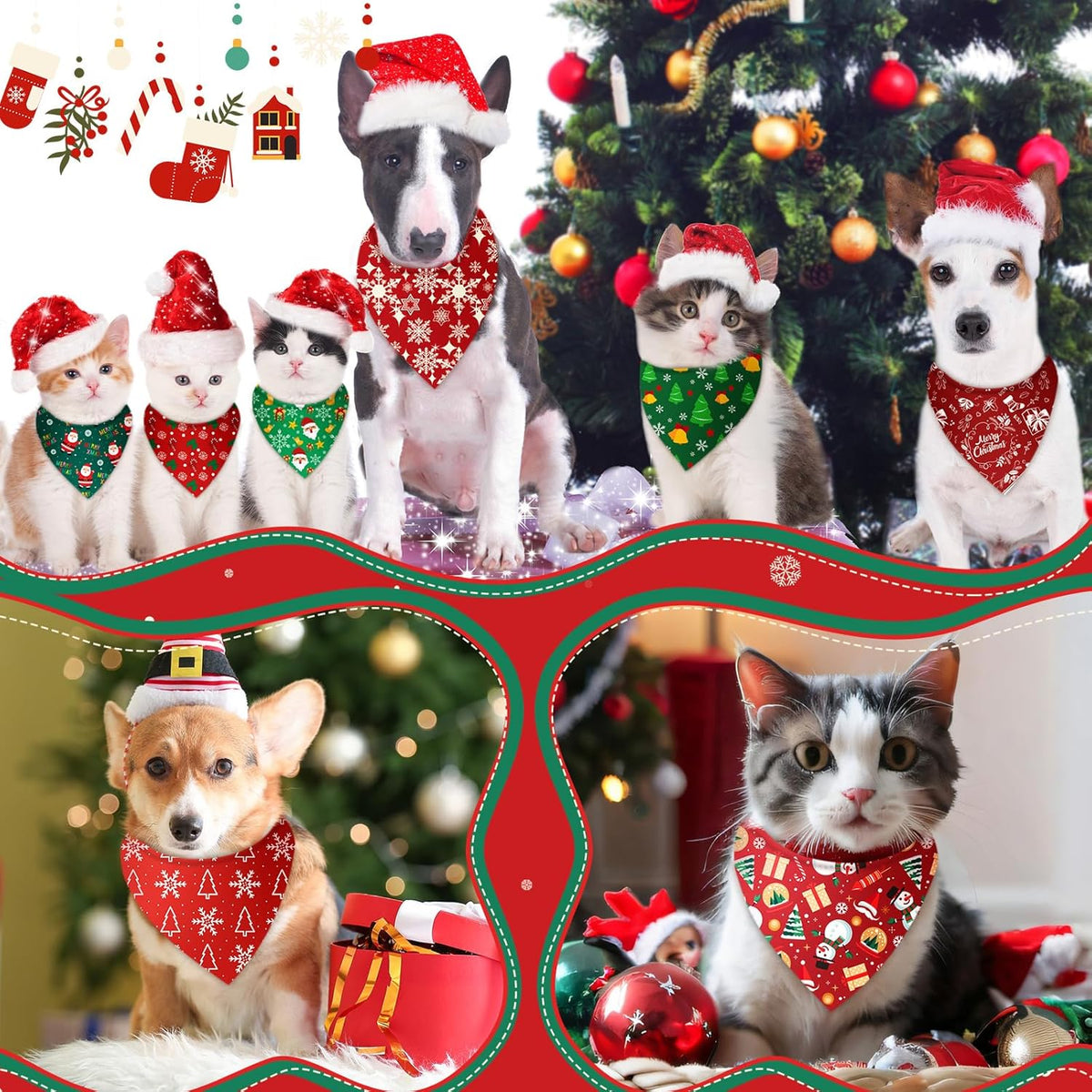 500 Pcs Christmas Bandanas for Dogs Xmas Bandanas Bulk with Santa Snowflake Candy Cane Patterns