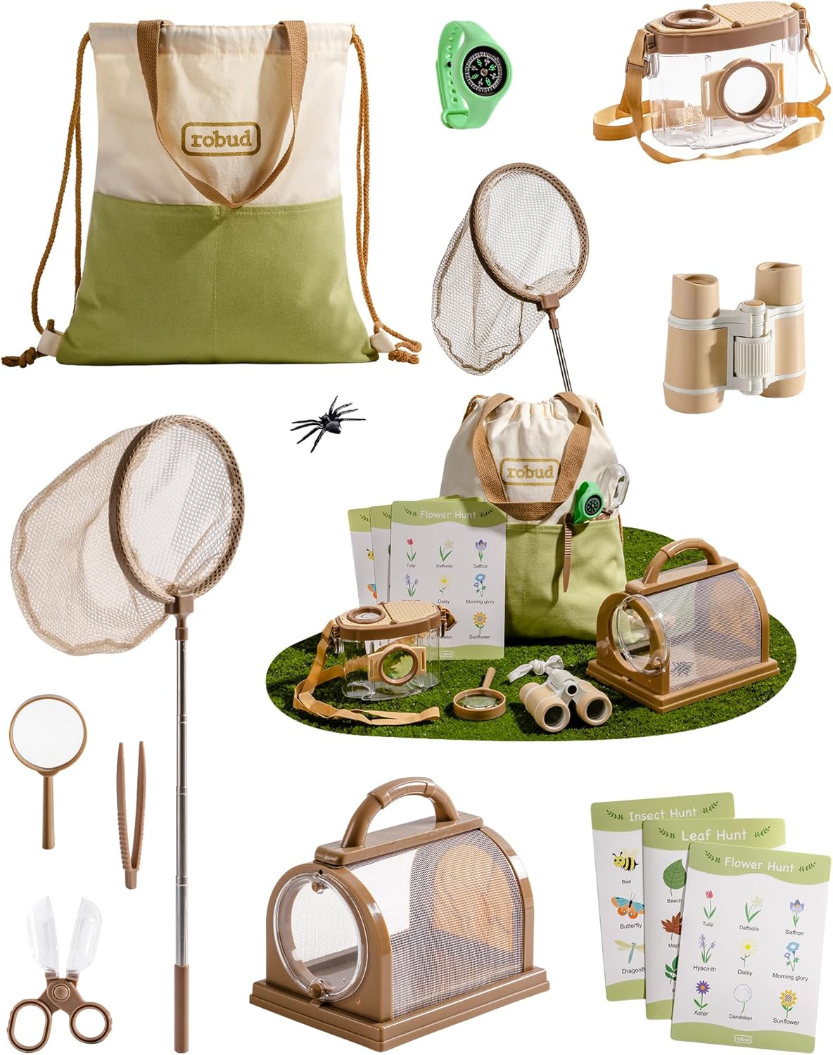 ROBUD Upgraded Kids Explorer Kit, Bug Catcher Kit with Wild Adventure Binoculars, Green Outdoor