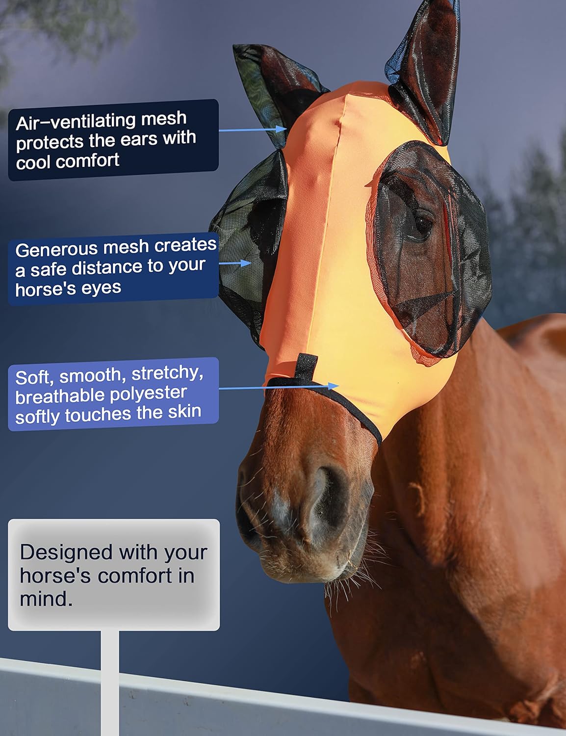 Horse Fly Mask with Ears, UV Protection Mask for Horses, Elasticity Mask with Big Mesh Eye Covers