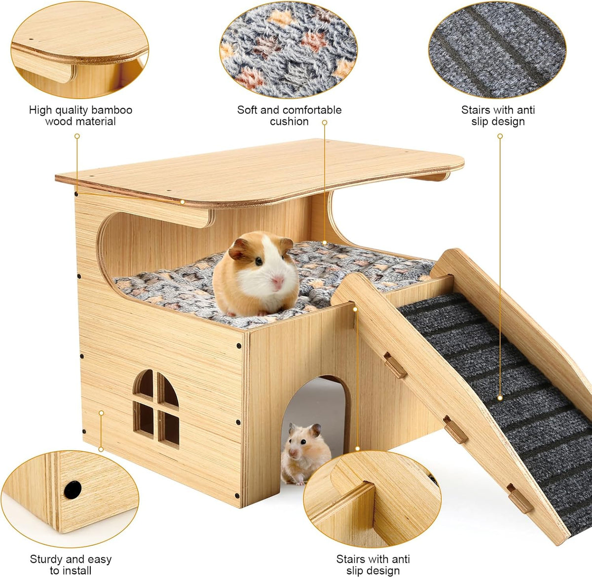 Wooden Guinea Pig Castle Hideout,Enlarged Guinea Pig Castle,Wooden Hamster House with Stairs &