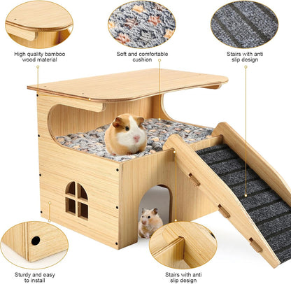 Wooden Guinea Pig Castle Hideout,Enlarged Guinea Pig Castle,Wooden Hamster House with Stairs &