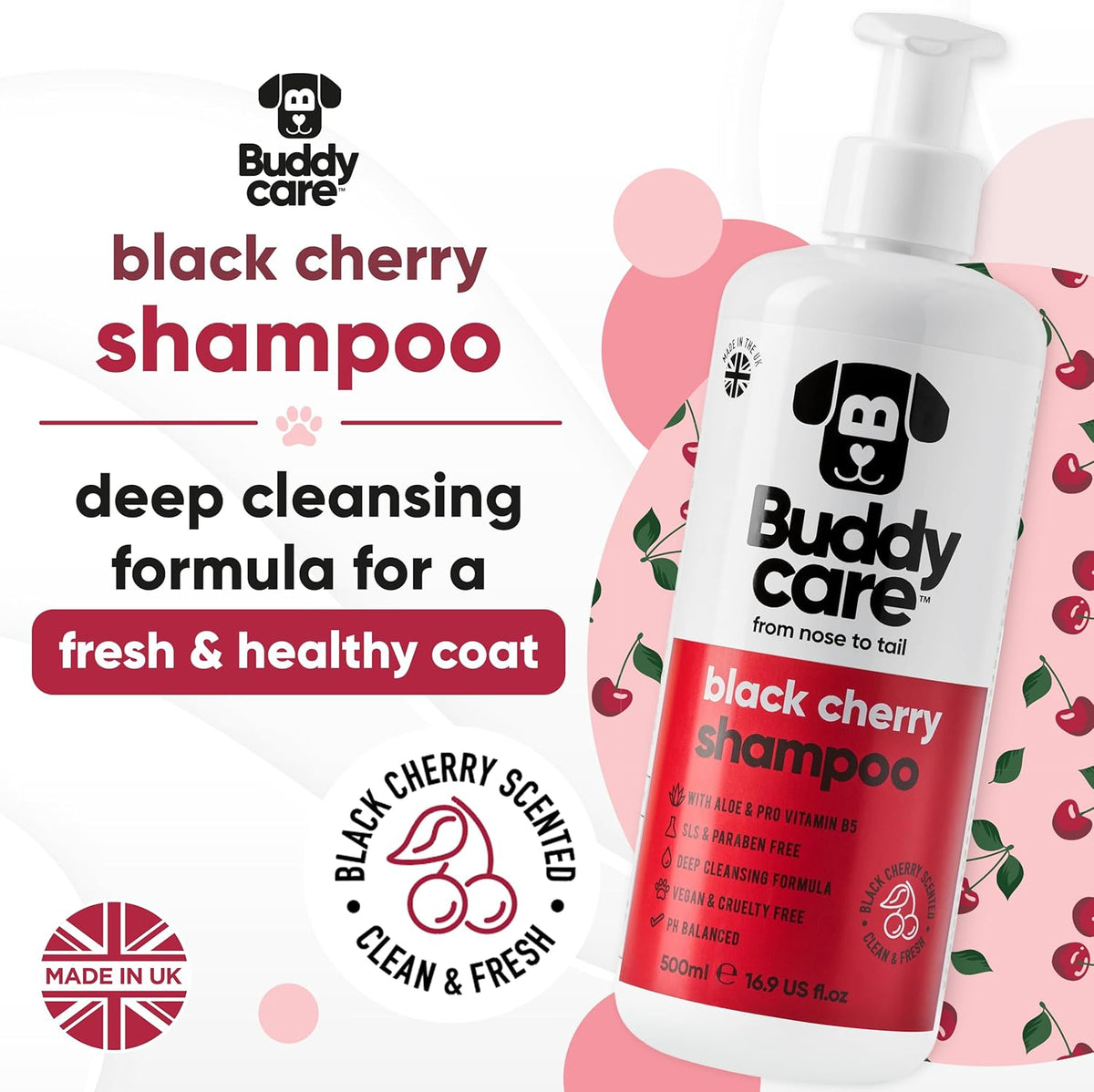 Black Cherry Dog Shampoo by Buddycare | Deep Cleansing Shampoo for Dogs | Black Cherry Scented |