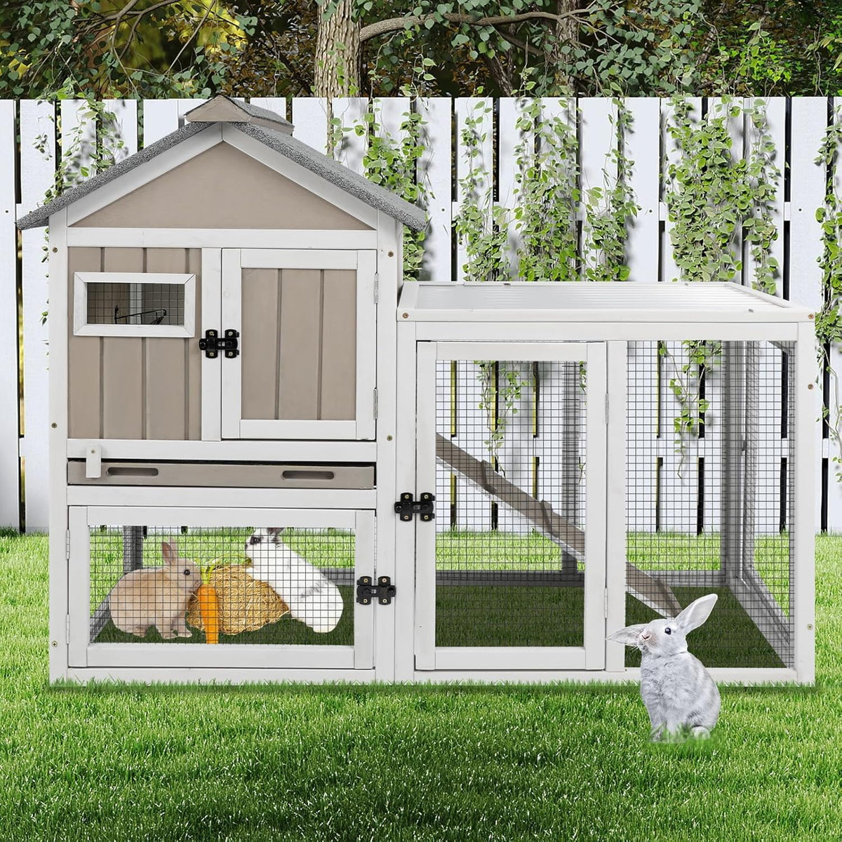 48" L Rabbit Hutch Outdoor Indoor Bunny Hutch Weatherproof, 2-Story Wood Rabbit Cage with Deep