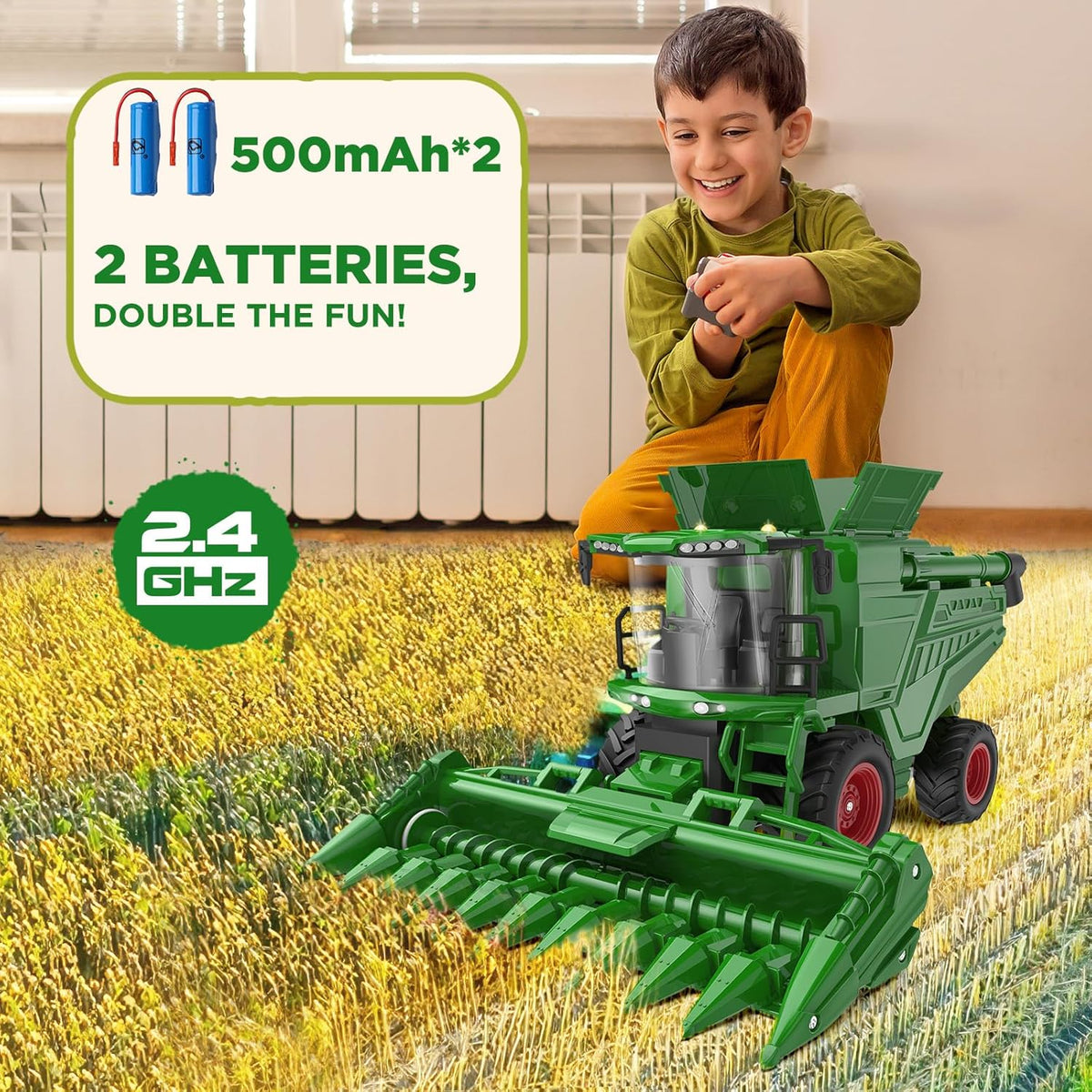 Remote Control Combine Harvester Tractor Toy with Corn Head, RC Tractor Toys for Kids 3+