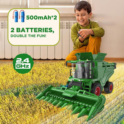 Remote Control Combine Harvester Tractor Toy with Corn Head, RC Tractor Toys for Kids 3+