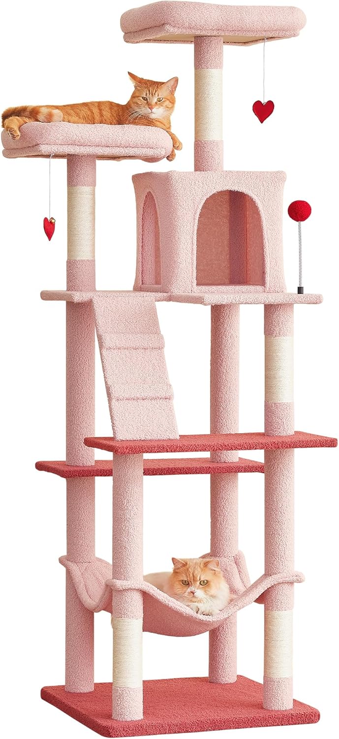 MWPO Cute Cat Tree, 70.1-Inch Tall Pink Cat Tower for Indoor Cats Large Adult, Multi-Level Cat