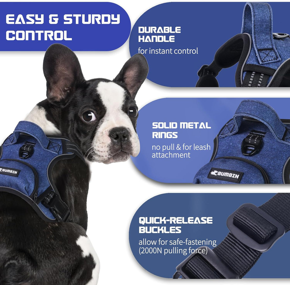 BUMBIN Dog Harness for Large Dogs, No Pull Adjustable No Choke Pet Vest with Dog Leash Fit Smart