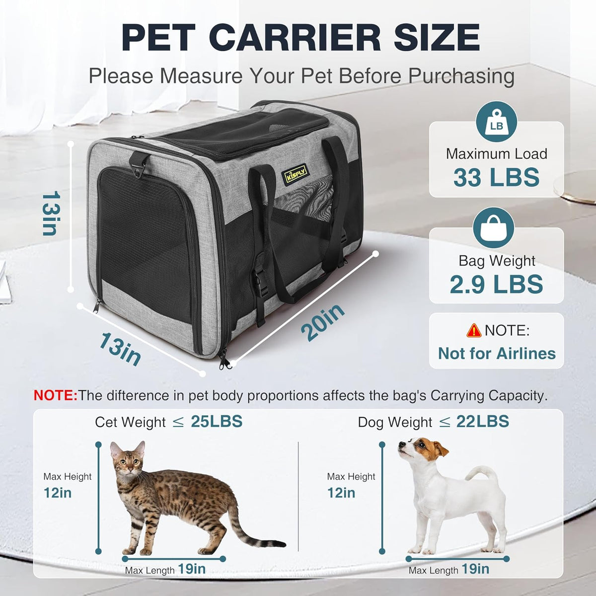 Cat Carrier for 2 Cats/Kitten, Pet Carrier for Cat, Puppy, Small Dog & Bunny, Foldable Soft-Sided