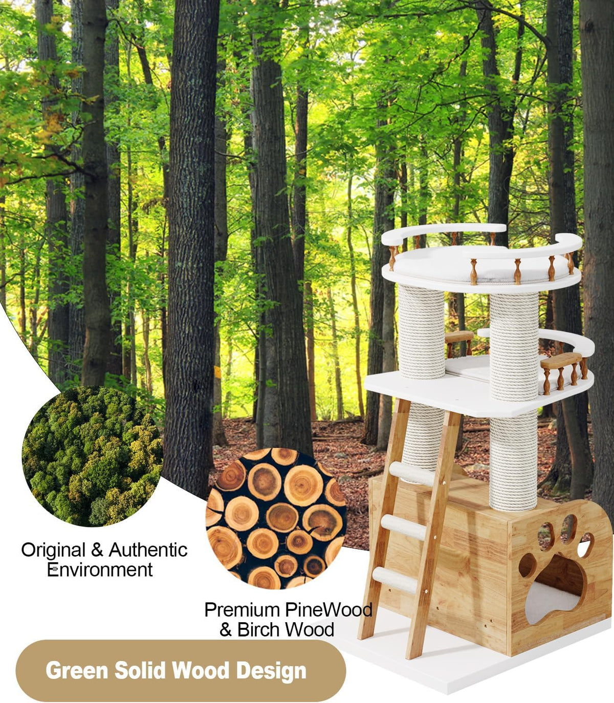 Modern Cat Tree, Solid Wooden Cats Tower, 37" Luxury Cats Trees Condo for Large Cat, Multi-Level