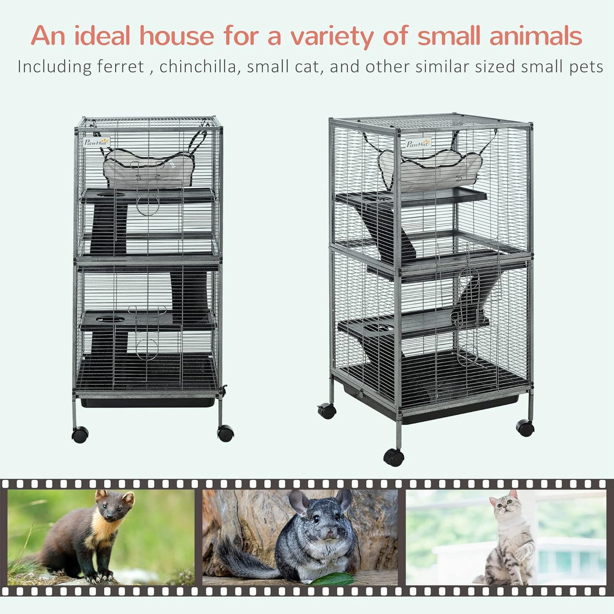 PawHut Metal Small Animal Cage, 4-Tiers Rolling Big Ferret Cage with Hammock, Removable Tray, for