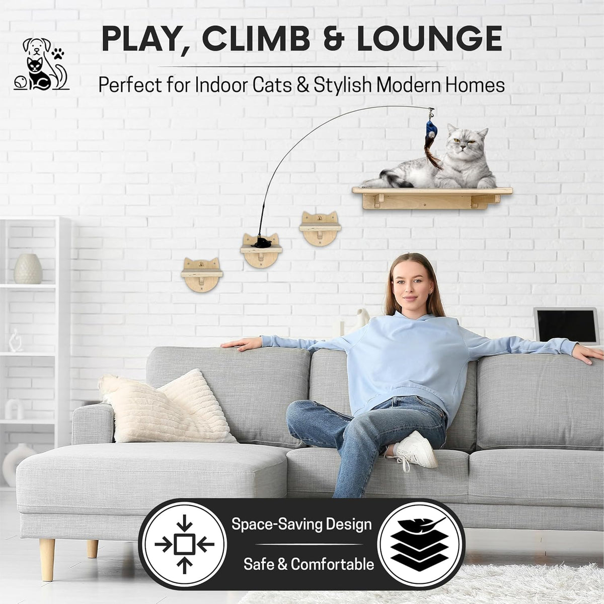 Snuggle & Play Cat Wall Shelves with Suction Cup Wand – 3 Mounted Steps, Climbing Wall Shelves and
