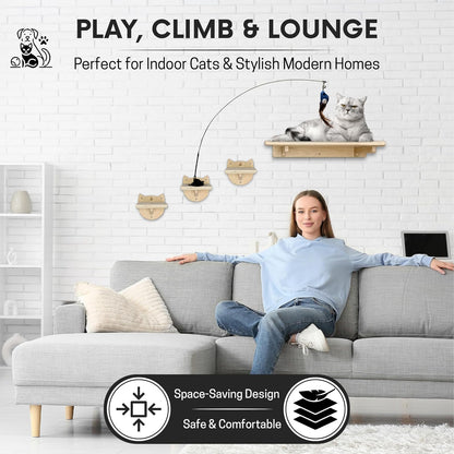 Snuggle & Play Cat Wall Shelves with Suction Cup Wand – 3 Mounted Steps, Climbing Wall Shelves and