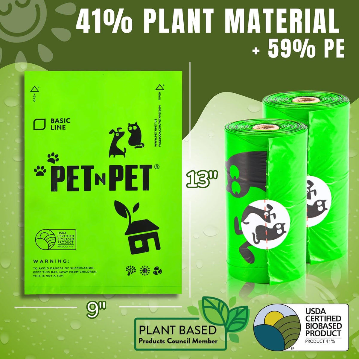 Pet N Pet 1080 Counts Green Poop Bags for Dogs, 41% Plant Based & 59% PE Extra Thick Dog Poop Bags