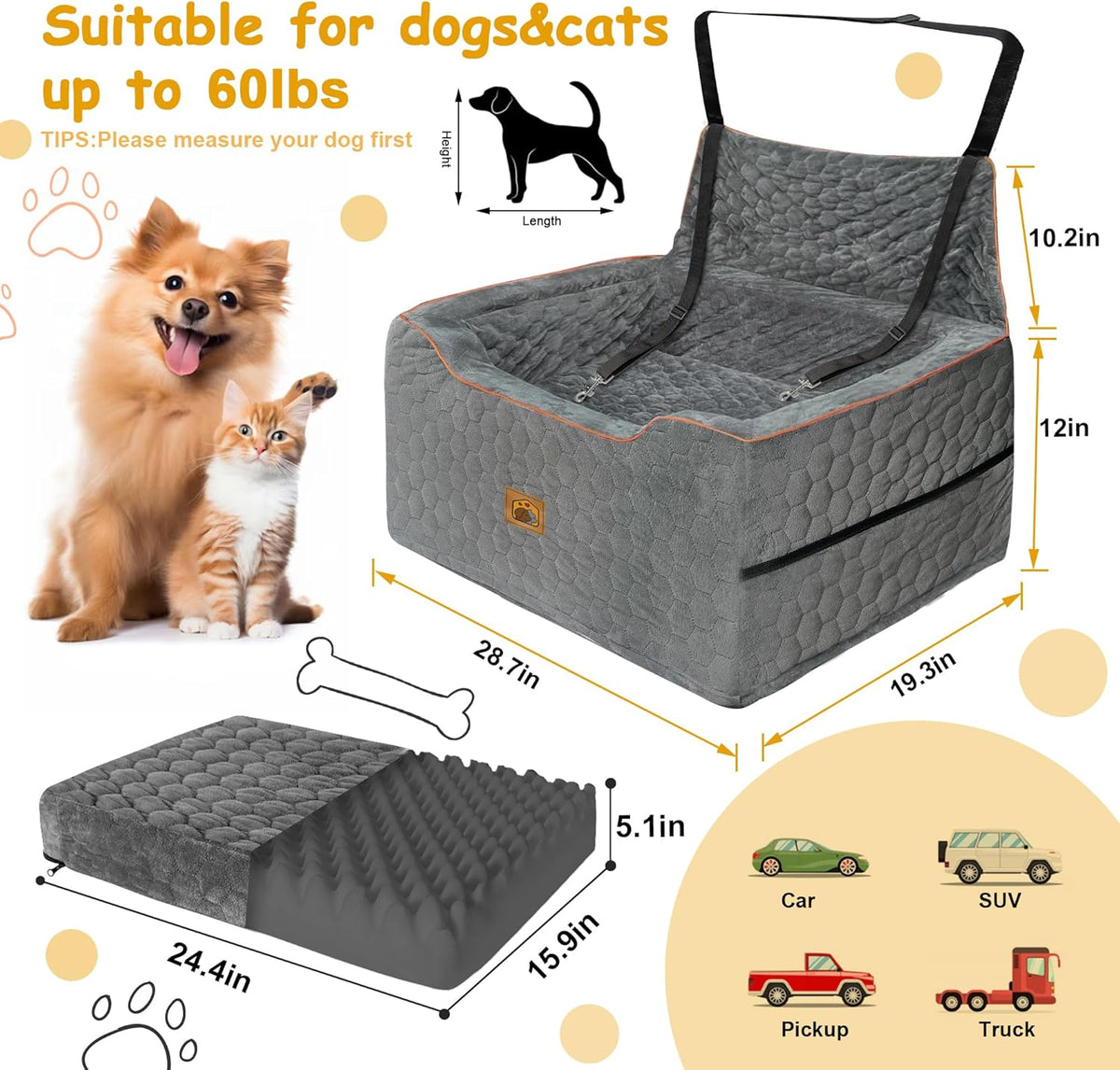 Dog Car Seat for Medium/Large Dog Booster Seat Under 60 lbs or 2 Small Dogs, Multi-Functional Pet