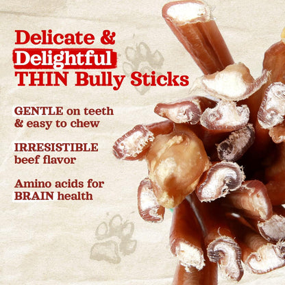 Natural Farm Odor-Free Thin Bully Sticks (12”, 25-Pack) All-Natural Long-Lasting Dog Chews, 100%