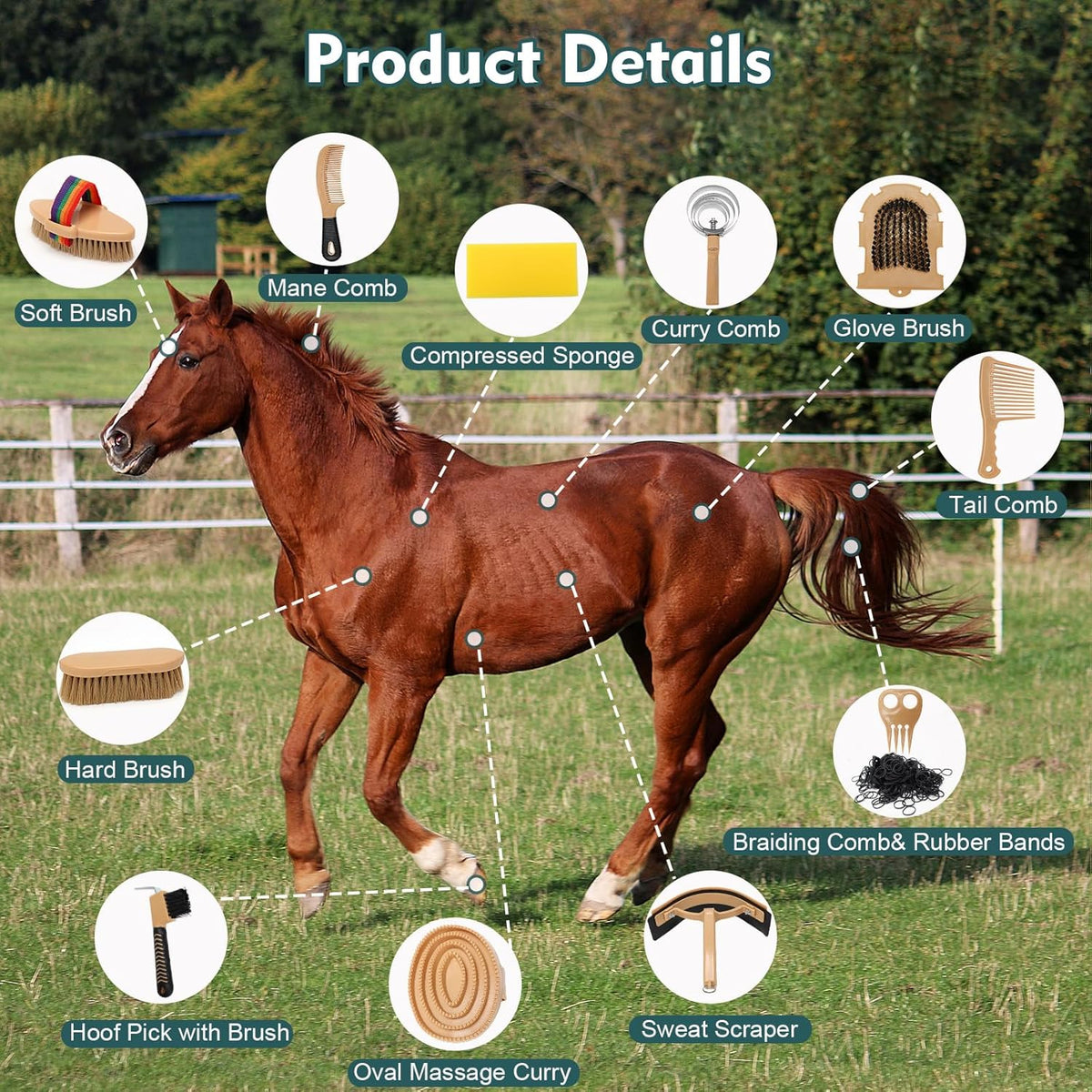 Horse Grooming Kit for Bathing, 13Pcs Horse-Brush Set with Mesh Bag, Shower Brushes, Braiding and
