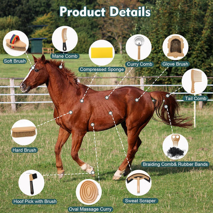 Horse Grooming Kit for Bathing, 13Pcs Horse-Brush Set with Mesh Bag, Shower Brushes, Braiding and