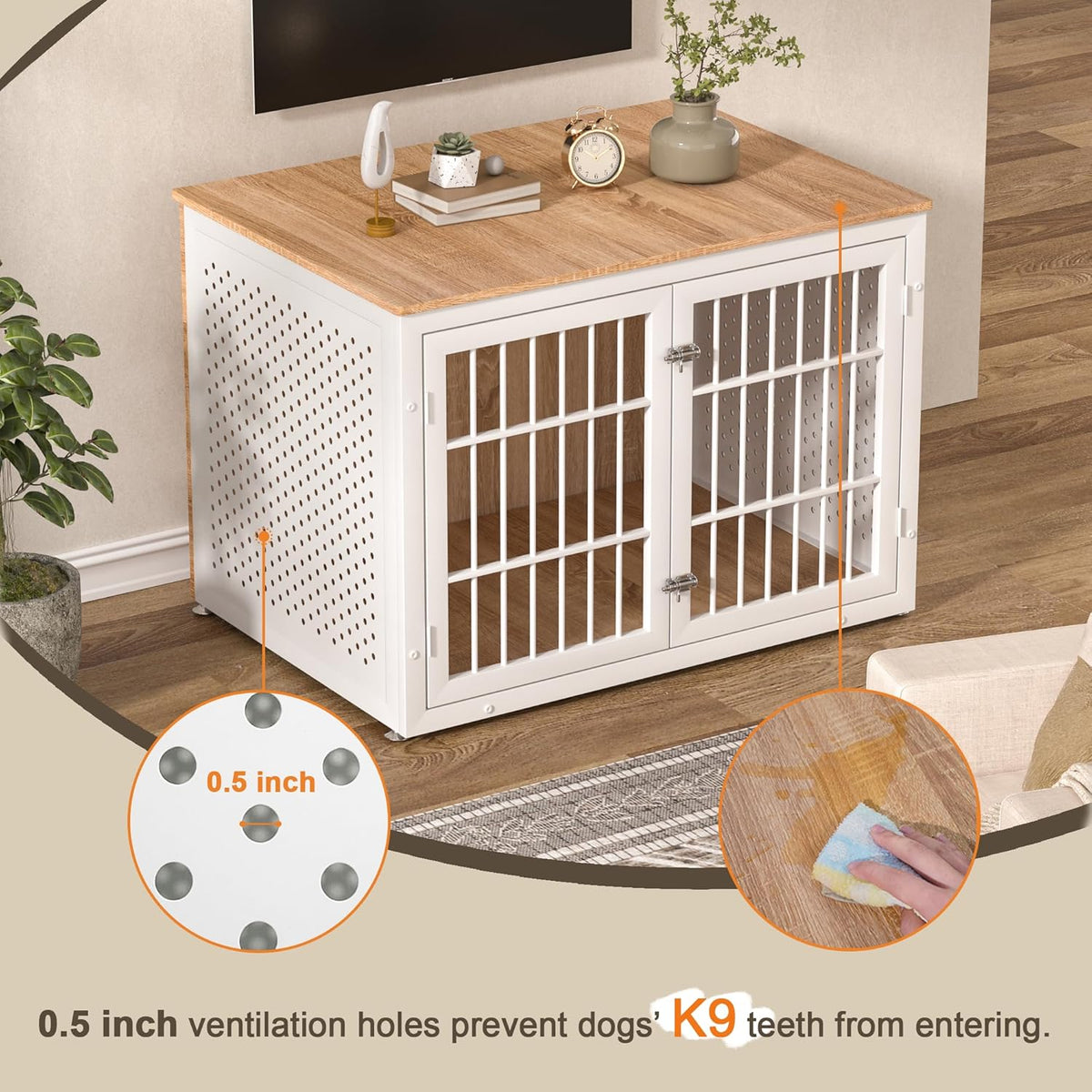 42" Heavy Duty Dog Crate Furniture for Large Dogs, Metal Kennel for High Anxiety Dogs, White Wooden
