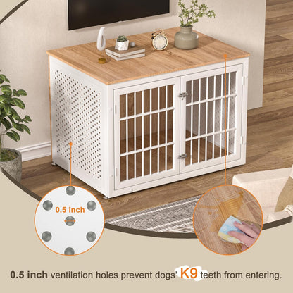 42" Heavy Duty Dog Crate Furniture for Large Dogs, Metal Kennel for High Anxiety Dogs, White Wooden