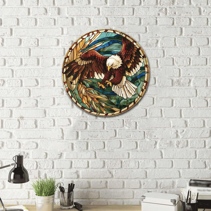 Lygond Metal Sign Tin Sign Circular Stained Glass Eagle Inspirational Wall Art for Garden 12×12