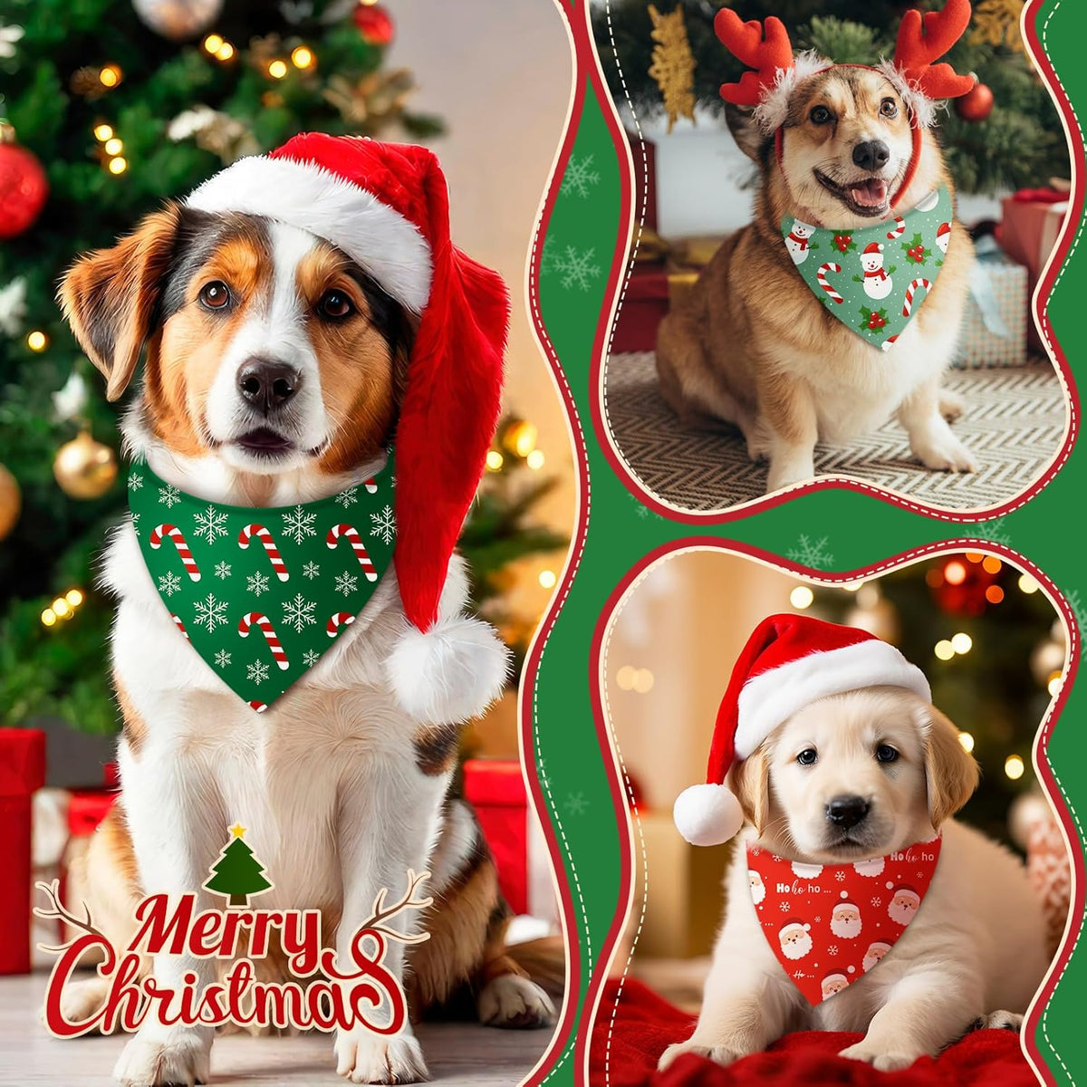 100 Pcs Christmas Dog Bandanas Bulk Xmas Santa Snowflakes Bandanas Adjustable Soft Bibs Triangle