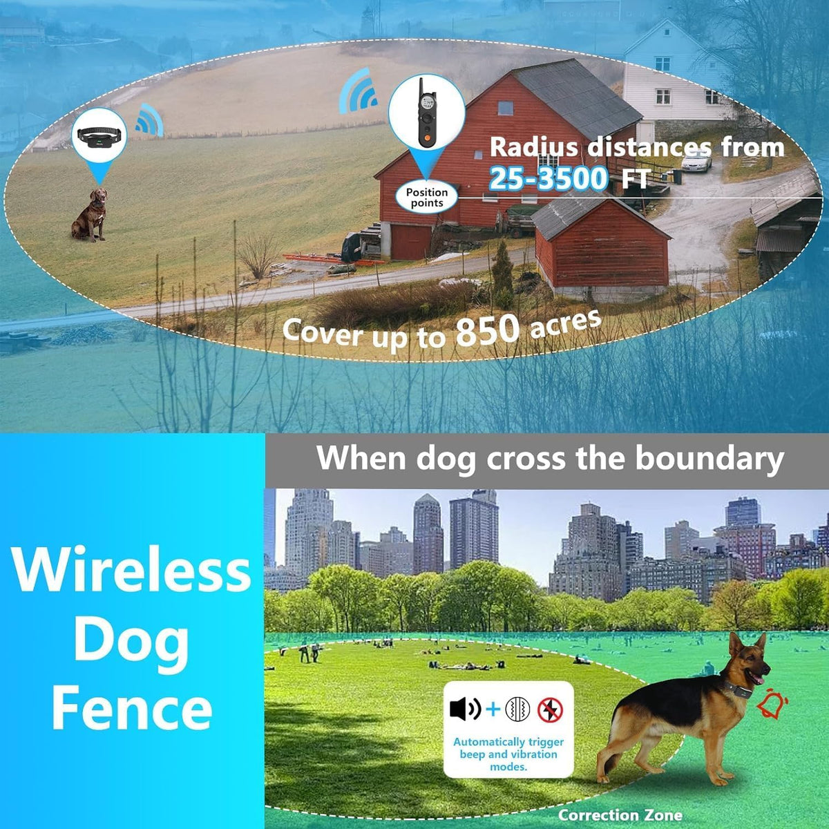 Wireless Dog Fence, 3500FT Fence Range, 6100FT Remote Training, 185 Days Rechargeable, IPX7