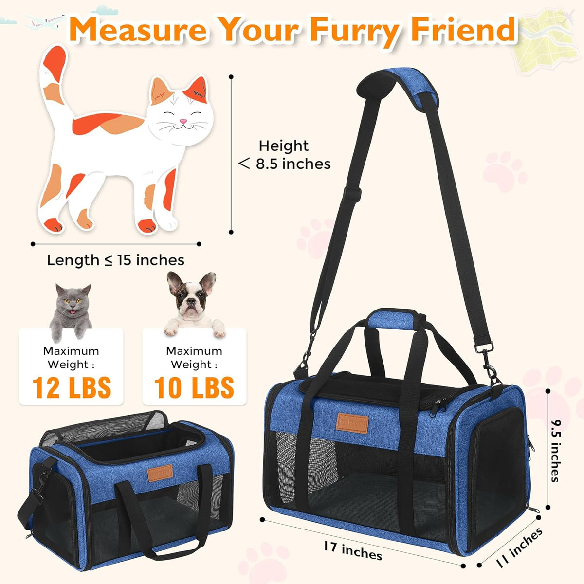 PETUX TSA Approved Pet Carrier in Cabin, 17"x11"x9.5" Soft Cat Carriers for Small Cat up to 12 lb