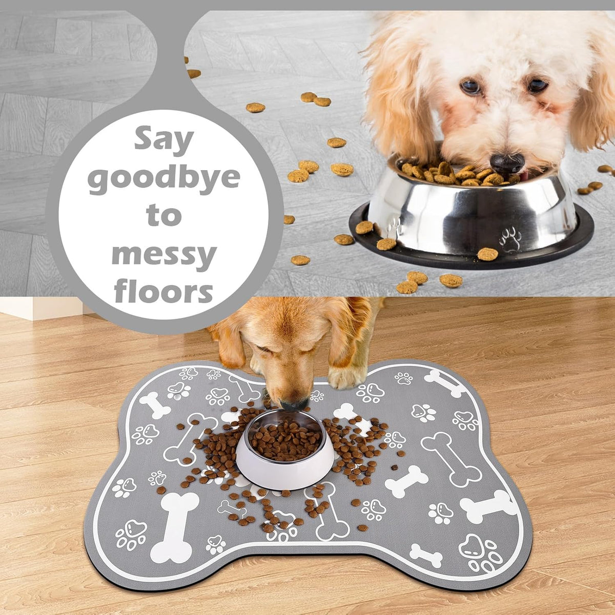 Dog Cat Food Mat, Rapid Absorbent Pet Feeding Placemat, Bone Shaped With Rubber Backing, No Stains