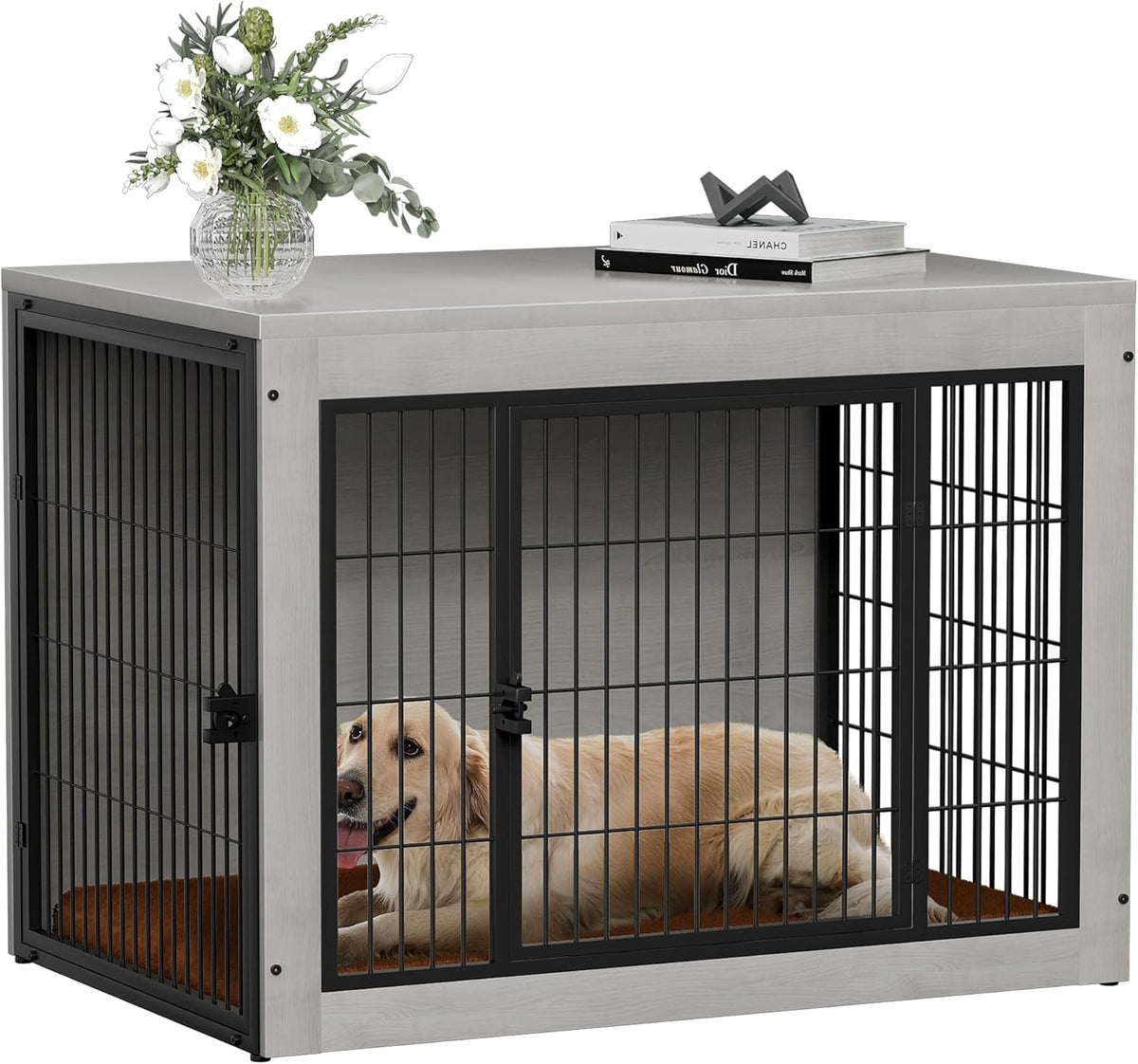 Bigrab Dog Crate Furinture with Thick Cushion, Side End Table Wooden Dog Cage with Double Doors