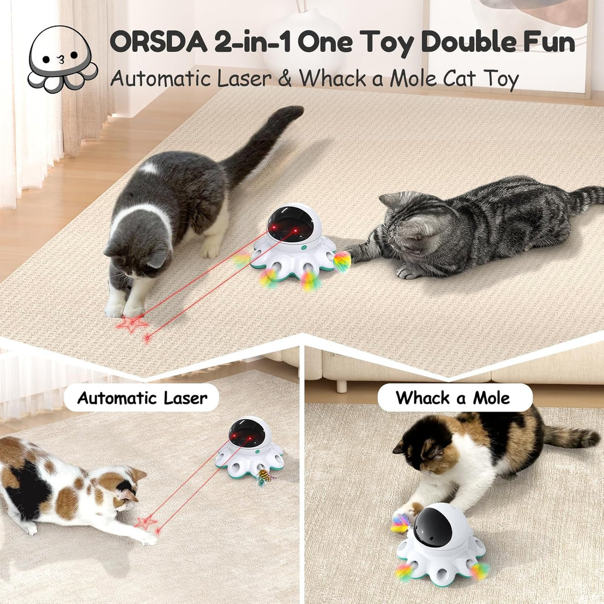 ORSDA Cat Laser Toy, 2-in-1 Interactive Automatic Motion Activated Moving 8 Holes Whack A Mole