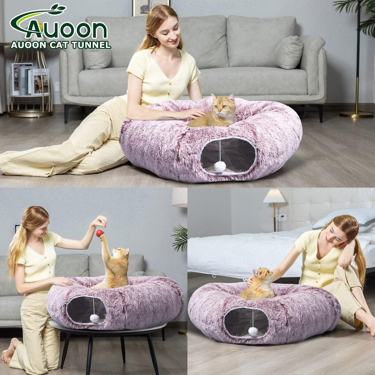 AUOON Cat Tunnel Bed for Indoor Cats - Circle Peekaboo Cat Cave with Washable Mat for Indoor Cats