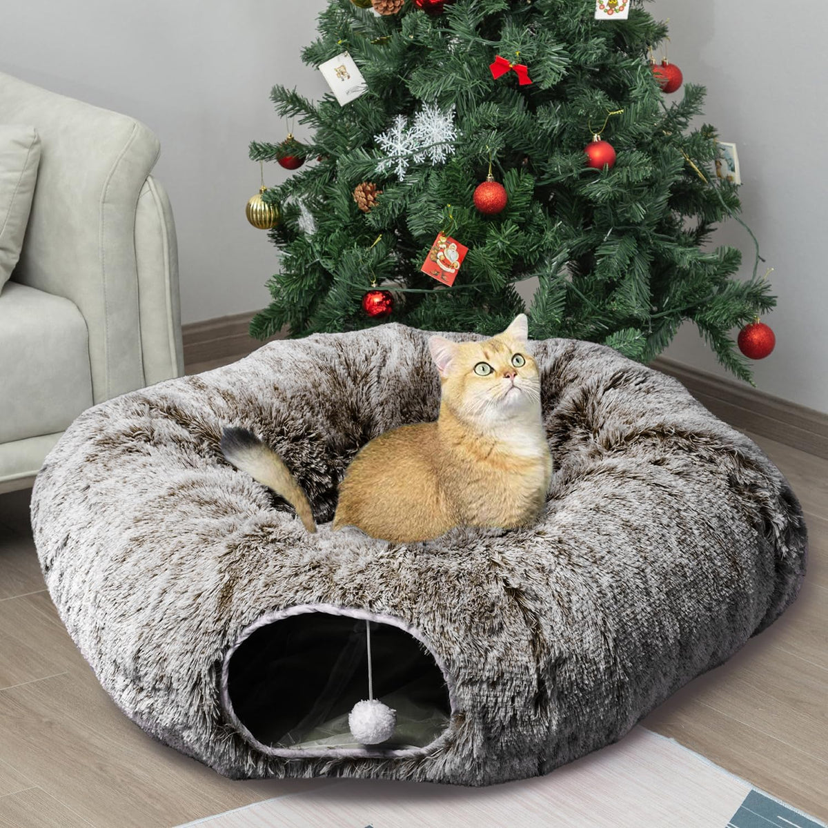 AUOON Cat Tunnel Bed - Cat Donut Tunnel with Soft Plush Circle Cushion for Indoor Cats Kitten Kitty