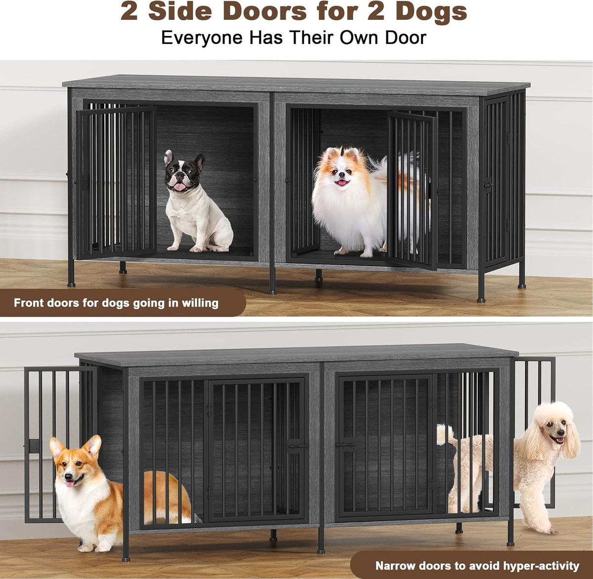 EasyCom 63" Dog Cage Furniture for 2 Pets with Divider, XL Wooden Double Dog Crate Furniture TV
