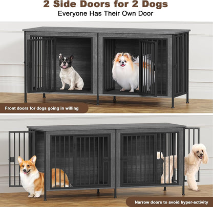 EasyCom 63" Dog Cage Furniture for 2 Pets with Divider, XL Wooden Double Dog Crate Furniture TV