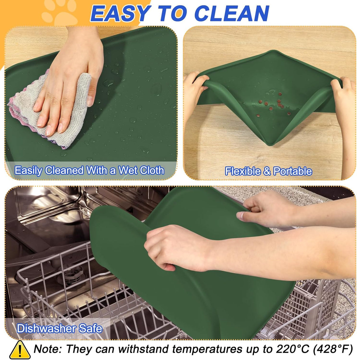 Silicone Pet Feeding Mat with Raised Edge for Food and Water, Dog Bowl Mats, Cat Bowls Placemat