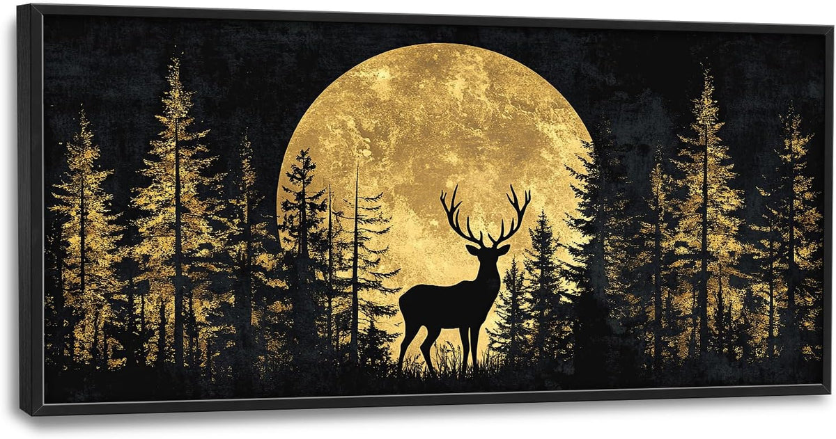Large Moon Deer Forest Wall Art for Living Room, Black Gold Canvas Oversized Wall Decor, Elk Animal