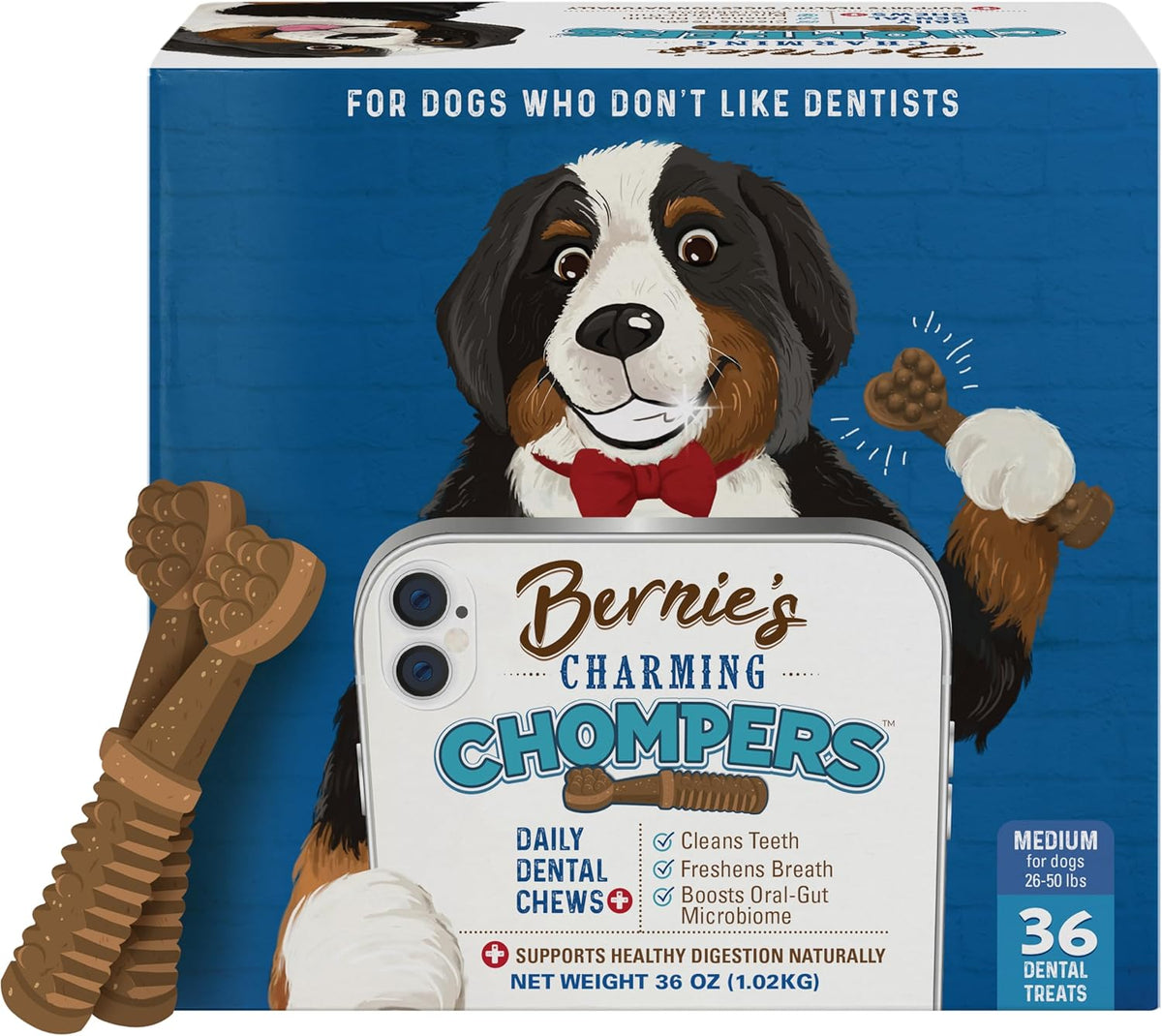 Bernie's Charming Chompers - Daily Dental Chews for Dogs 26-50 Lbs. - 36 Count - Cleans Teeth