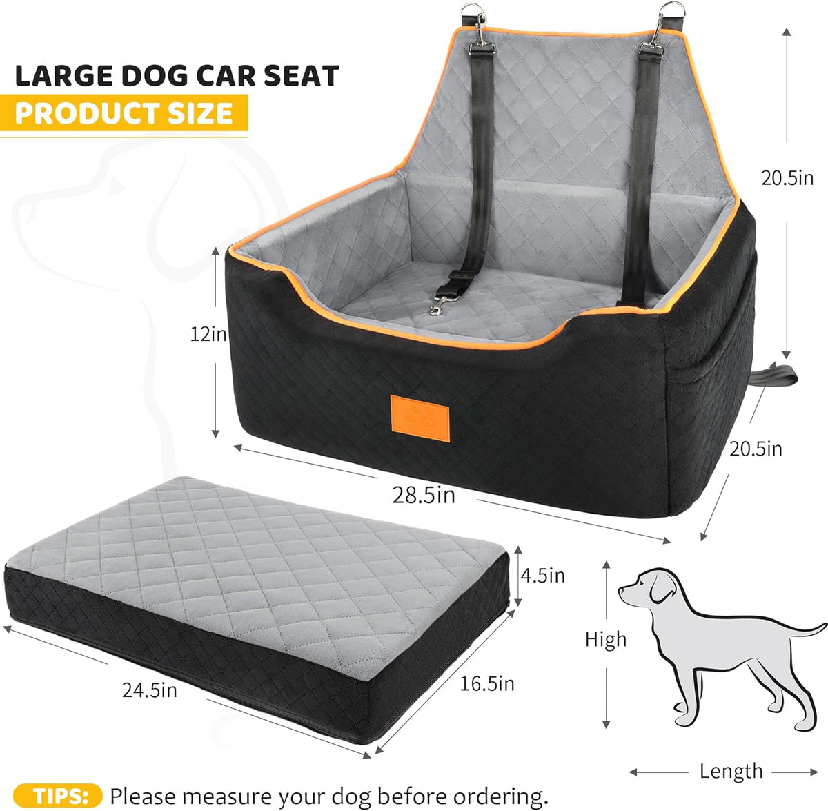 Dog Car Seat for Large/Medium Dog, Booster Seat for Dogs Under 55Lbs or 2 Small, Detachable and