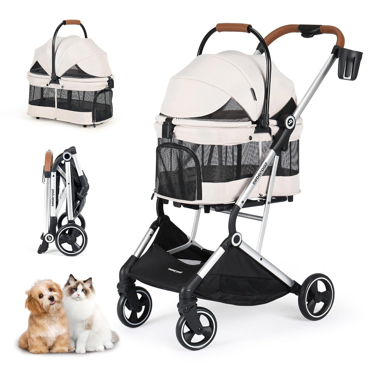 T3 Pro 3-in-1 Small Pet Stroller for Dog & Cats, 4 Wheels with Detachable Carrier with Pad, Canopy